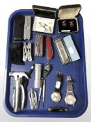 A group of Swiss army knives, Gent's watches, Rotary, folding pocket multi tools, torch,