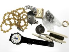 A group of collectables including charm bracelet, beaded necklace, band ring,