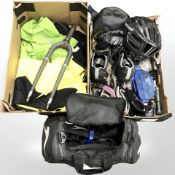 A quantity of cycling equipment, shoes, high viability clothing, two tyres,