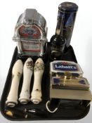 A group of breweryana including three ceramic bar optic hand pulls decorated with hunting scenes,