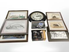 Assorted pictures and prints, French-style quartz wall time piece,
