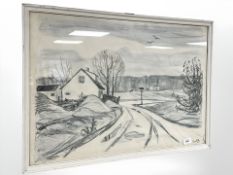 Danish School : Road through a town, monochrome print, 70 cm x 49 cm.