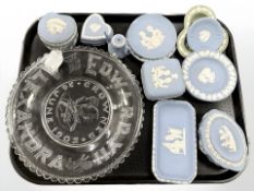 An Edward VII commemorative plate and group of Wedgwood blue jasper ware etc