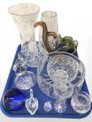 A group of crystal vases, rose bowl, basket, paperweight,