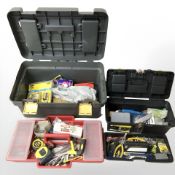 Two plastic tool boxes of hand tools and hard ware