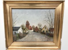 Continental School : A rural street with cottages, oil on canvas, 26 cm x 33 cm.