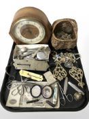 An Art Deco walnut mantel clock, assorted costume jewellery, pocket scales, small portait, lighter,