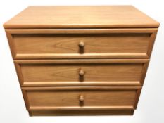 A G Plan teak three drawer low chest, 75 cm x 46 cm x 69 cm.