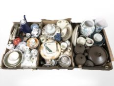 Assorted ceramics including kitchen stoneware items, decorative vases, candlesticks,