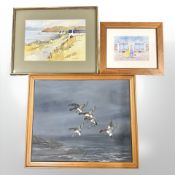 R Easton : Ducks taking flight, oil on canvas, 45 cm x 55 cm,