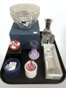 A Waterford Marquis crystal bowl, diameter 18 cm, boxed, Caithness vases, Swarovski crystal mouse,