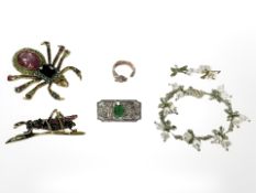 A group of contemporary costume jewellery including Spider and grass hopper brooch,