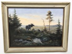 Continental school : A moose looking across a open landscape, oil on canvas,