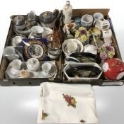 Oriental export tea china, porcelain flower posies, Delft liqueur bottle,