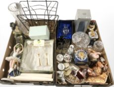 A quantity of drinking glasses, figurines, magazine rack,