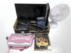 An LG monitor, Hawke telescopic sight, folding tripod, tv box,