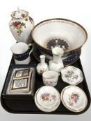 A Royal Albert Old Country Roses porcelain lidded vase, Coalport and Royal Worcester pin dishes,