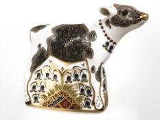 A Royal Crown Derby bluebell calf paperweight with gold stopper,