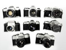 A quantity of 35mm SLR cameras including Konica Autoreflex T with Hexanon 1:1.