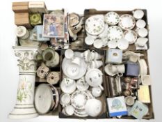 A large quantity of assorted tea china tins, jardiniere stand, empty cigar boxes,