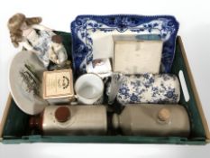 Three stoneware hot water bottles, doll, figurine, photax colour viewer,