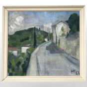 Danish School : Buildings by a roadside, oil on canvas, 45 cm x 40 cm.