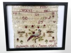 A Victorian alphabet sampler by Elizabeth Ann Jobling, aged twelve, dated 1872, in modern frame,