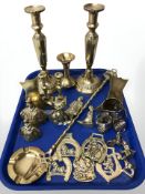 Two pairs of brass candlesticks, further ornaments,