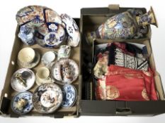 A group of oriental wares including imari dishes, ornate Japanese twin handled earthenware vase,