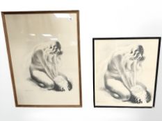 After Sikker Hansen, two monochrome prints depicting a nude figure, largest 57 cm x 80 cm.