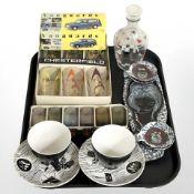 Two boxed sets of drinking glasses, decanter, two Homemaker tea cups with saucers,