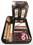 An Oriental brass mounted table cabinet, cloisonne enamel pens, calligraphy set, hand fan,