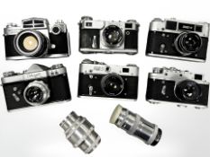 A quantity of Russian 35mm SLR cameras including a Zorki-4 with Jupiter-8 2/50mm lens,