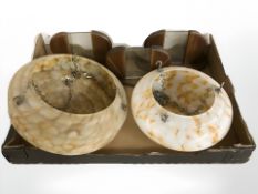 Two Art Deco mottled glass pendant glass light shades and three walnut and glass photo frames (one