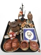 Various items including Chinese terracotta tea set, porcelain bird ornaments,