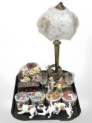 A brass table lamp with mottled glass shade, Aynsley flower posie, porcelain boxes,