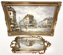 An ornate gilt framed mirror and a gilt framed oil on canvas depicting a Parisian street scene,