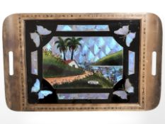 A butterfly wing inlaid tray, width 52 cm.