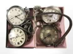 A gold plated open faced pocket watch and three others including Ingersoll