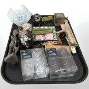 Various items including shot glasses, carved hardwood man figure, pig money box, hand fans,