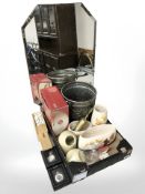 An Art Deco frameless octagonal mirror, two reproduction pocket watches, twin handled metal planter,