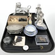 A turned boxwood chess set, Royal Copenhagen mermaid figure, two glass perfume bottles,