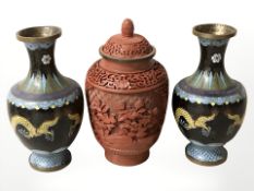 A pair of 20th century Chinese cloisonne vases (Af) and a cinnabar jar with lid,