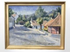 Svend Nielsen : Buildings in a village, oil on canvas, 72 cm x 56 cm.