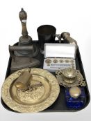 A school bell, brass inkwell, charger, iron,