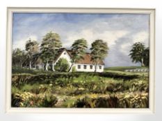 Danish School : A white farmhouse by trees, oil on canvas, 55 cm x 37 cm.