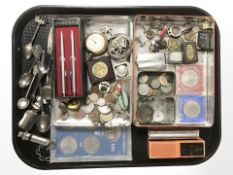 A group of British Crowns, pens, coins, badges and medals, ARP whistle, EPNS cutlery,
