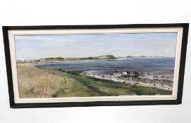 E Bayer : A coastline with calm waters, oil on canvas, 24 cm x 59 cm.
