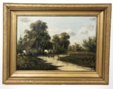 Continental School : Chickens on a path by a rural cottage, oil on canvas, 44 cm x 64 cm.