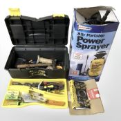 A plastic tool chest containing hand tools and hardware,